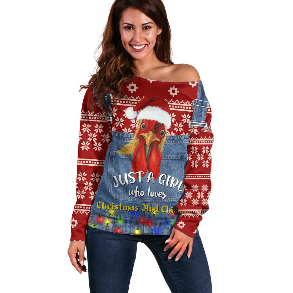 Just A Girl Who Loves Christmas And Chickens Christmas Off Shoulder Sweater Funny Xmas Holiday Patterns - Wonder Print Shop