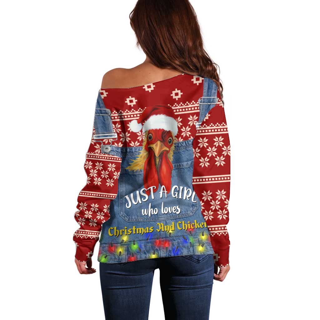Just A Girl Who Loves Christmas And Chickens Christmas Off Shoulder Sweater Funny Xmas Holiday Patterns - Wonder Print Shop