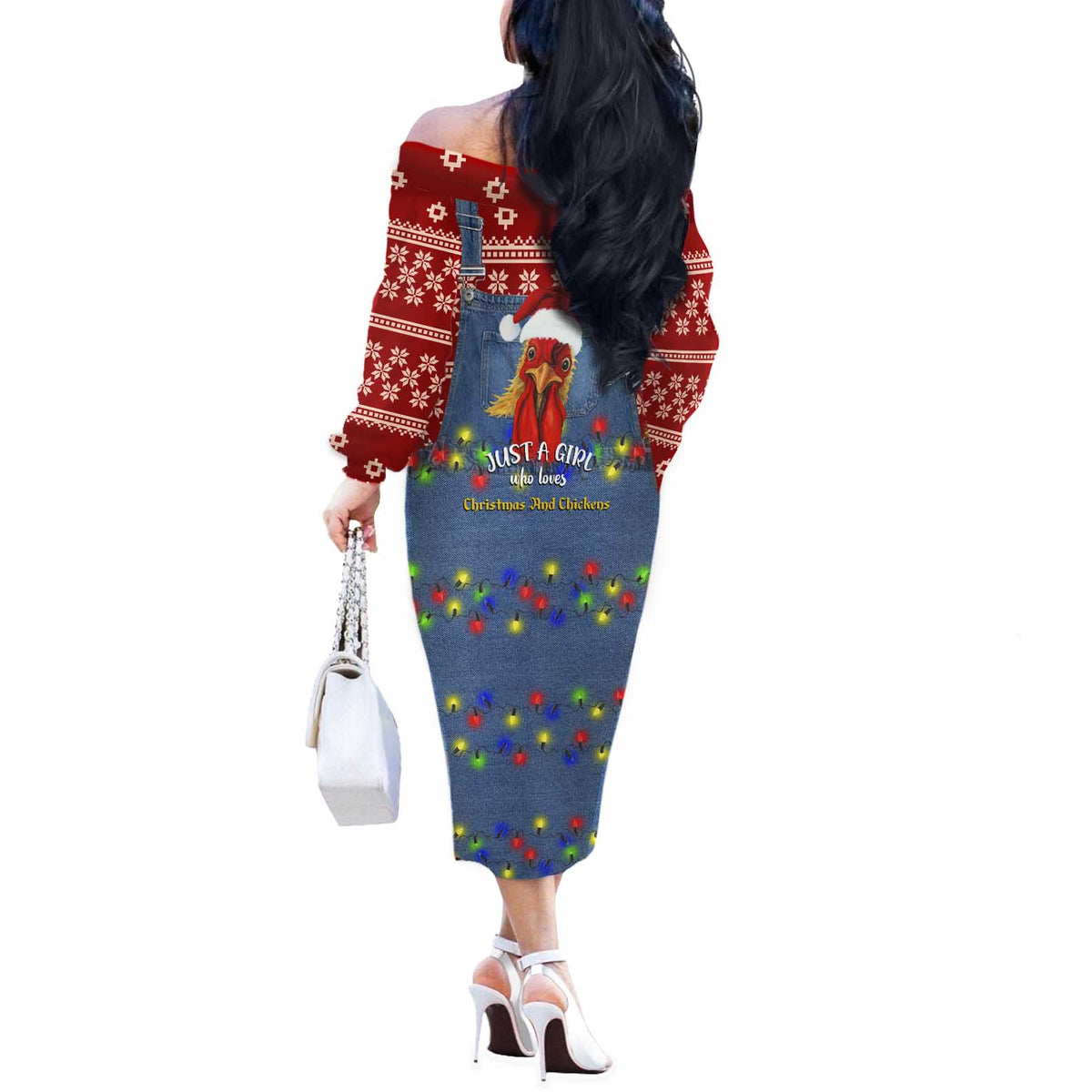 Just A Girl Who Loves Christmas And Chickens Christmas Off The Shoulder Long Sleeve Dress Funny Xmas Holiday Patterns - Wonder Print Shop