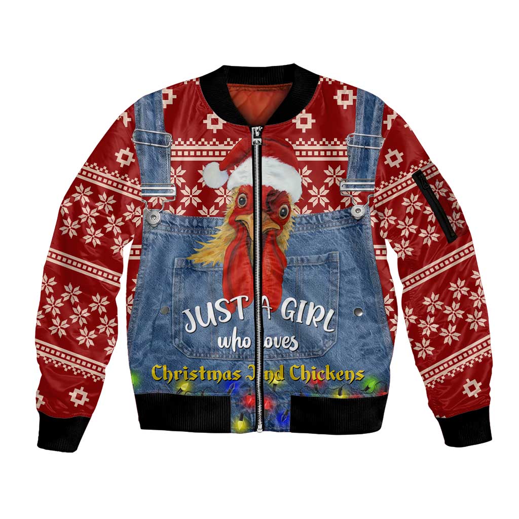 Just A Girl Who Loves Christmas And Chickens Christmas Sleeve Zip Bomber Jacket Funny Xmas Holiday Patterns - Wonder Print Shop