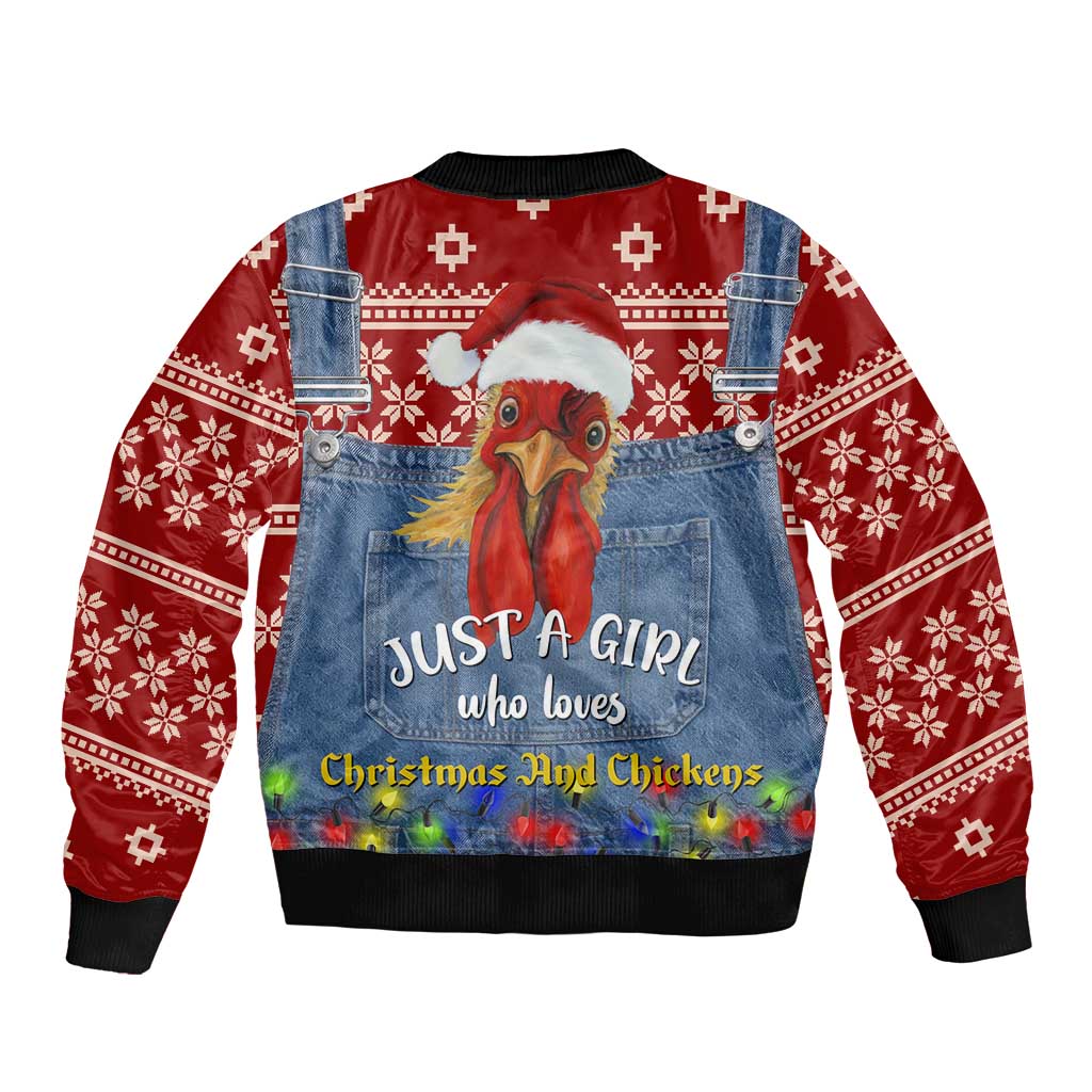 Just A Girl Who Loves Christmas And Chickens Christmas Sleeve Zip Bomber Jacket Funny Xmas Holiday Patterns - Wonder Print Shop