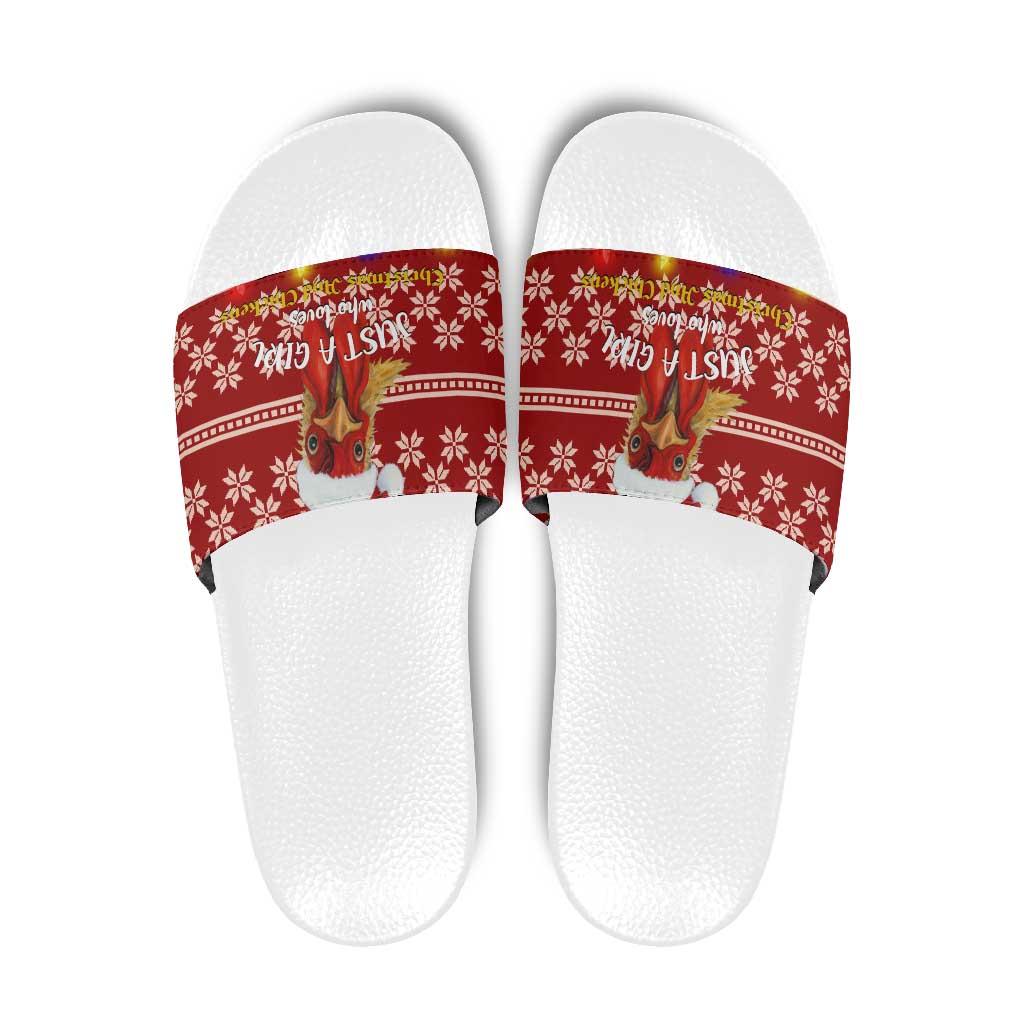 Just A Girl Who Loves Christmas And Chickens Christmas Slide Sandals Funny Xmas Holiday Patterns - Wonder Print Shop
