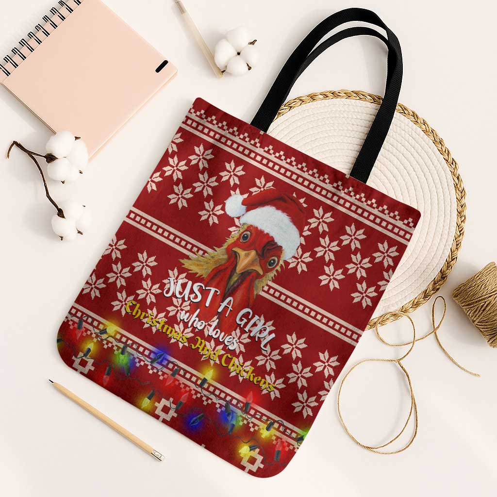 Just A Girl Who Loves Christmas And Chickens Christmas Tote Bag Funny Xmas Holiday Patterns - Wonder Print Shop