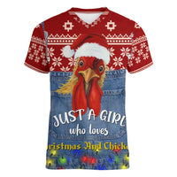 Just A Girl Who Loves Christmas And Chickens Christmas Women V-Neck T-Shirt Funny Xmas Holiday Patterns - Wonder Print Shop