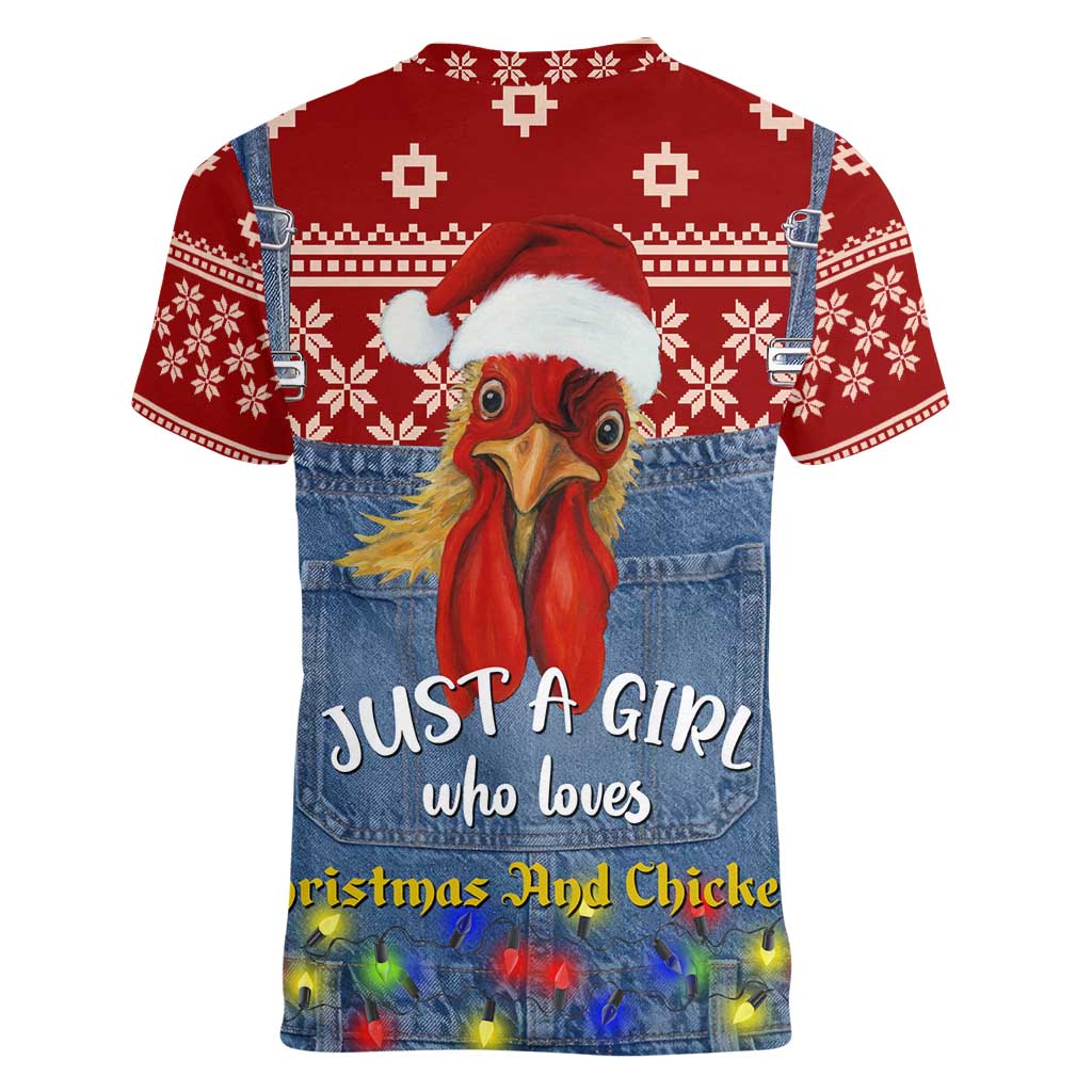 Just A Girl Who Loves Christmas And Chickens Christmas Women V-Neck T-Shirt Funny Xmas Holiday Patterns - Wonder Print Shop