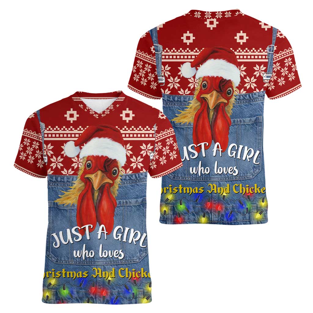 Just A Girl Who Loves Christmas And Chickens Christmas Women V-Neck T-Shirt Funny Xmas Holiday Patterns - Wonder Print Shop