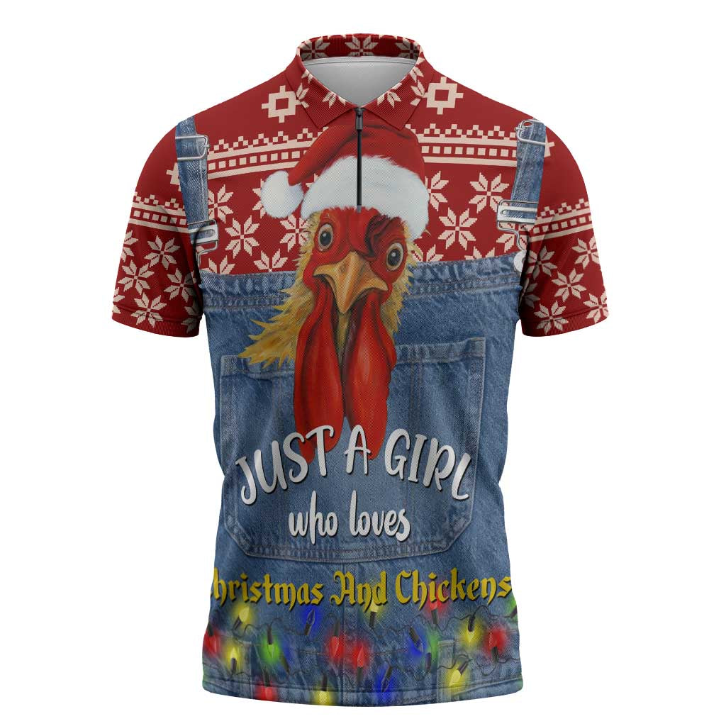 Just A Girl Who Loves Christmas And Chickens Christmas Zipper Polo Shirt Funny Xmas Holiday Patterns - Wonder Print Shop
