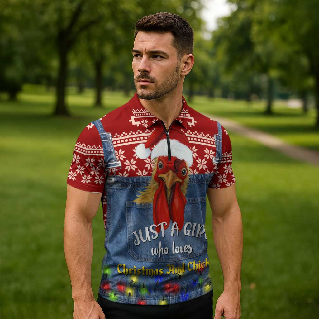 Just A Girl Who Loves Christmas And Chickens Christmas Zipper Polo Shirt Funny Xmas Holiday Patterns - Wonder Print Shop