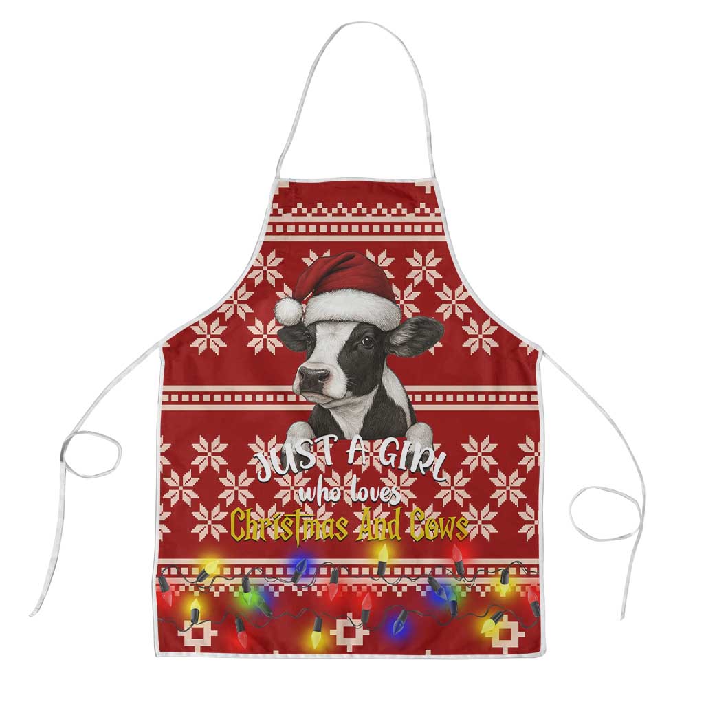 Just A Girl Who Loves Christmas And Cows Christmas Apron Funny Xmas Holiday Patterns - Wonder Print Shop