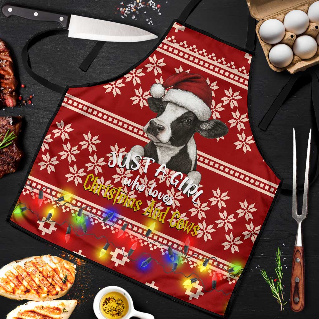 Just A Girl Who Loves Christmas And Cows Christmas Apron Funny Xmas Holiday Patterns - Wonder Print Shop