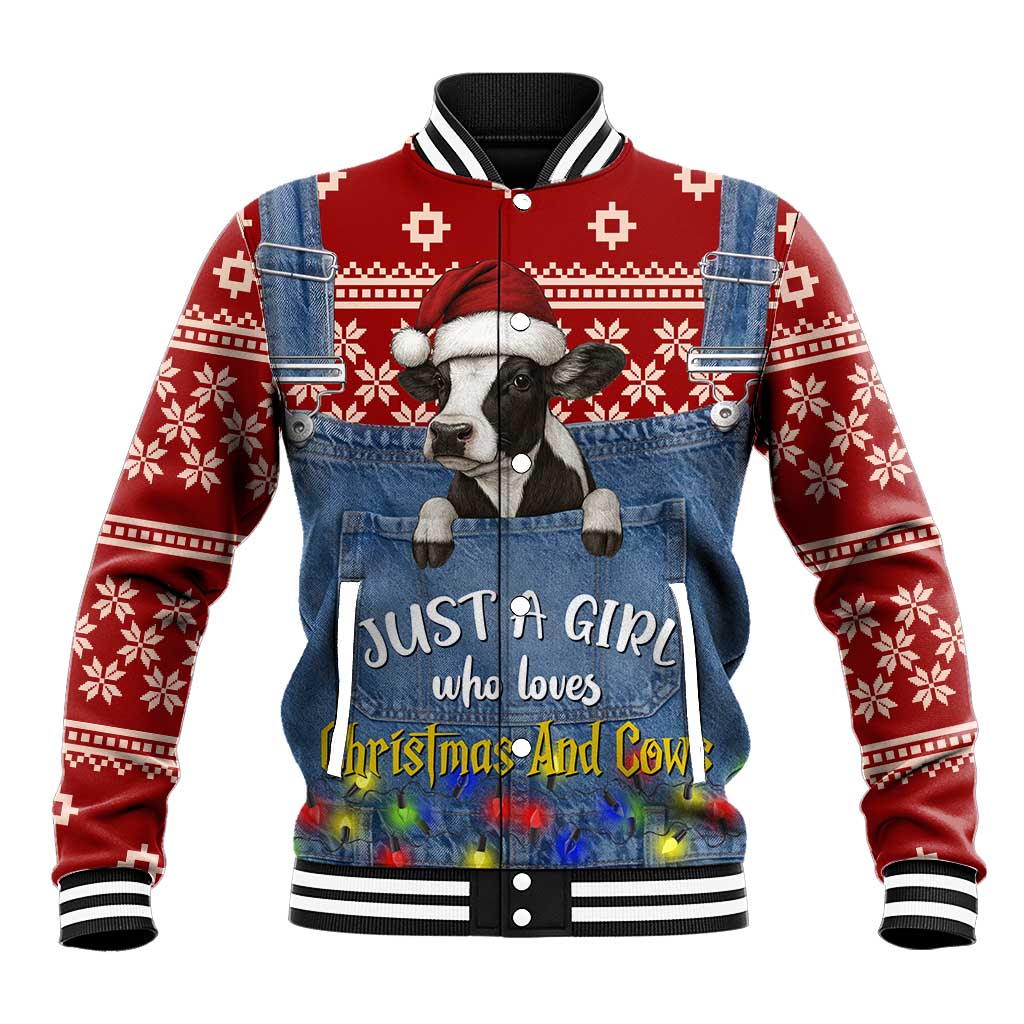 Just A Girl Who Loves Christmas And Cows Christmas Baseball Jacket Funny Xmas Holiday Patterns - Wonder Print Shop