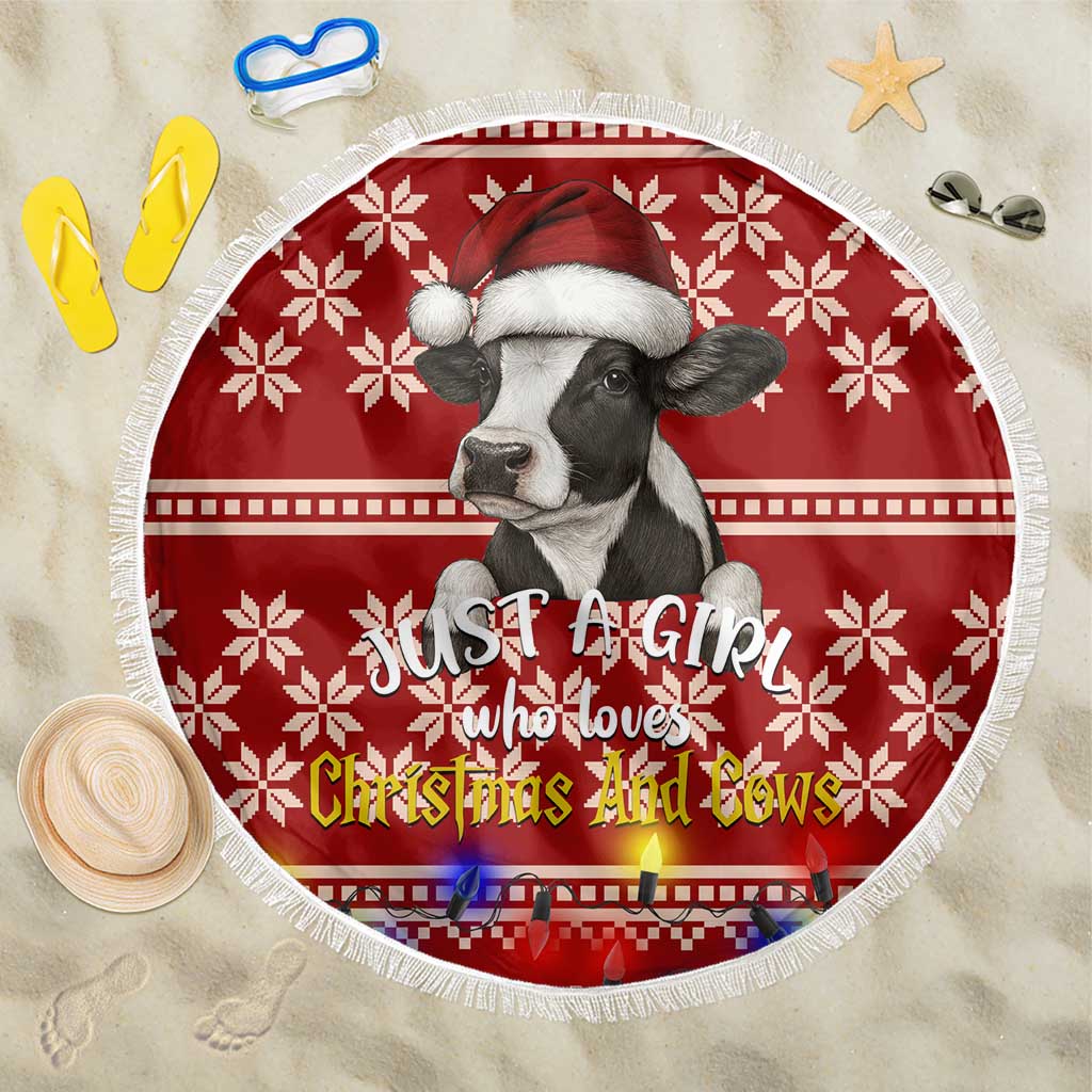 Just A Girl Who Loves Christmas And Cows Christmas Beach Blanket Funny Xmas Holiday Patterns - Wonder Print Shop