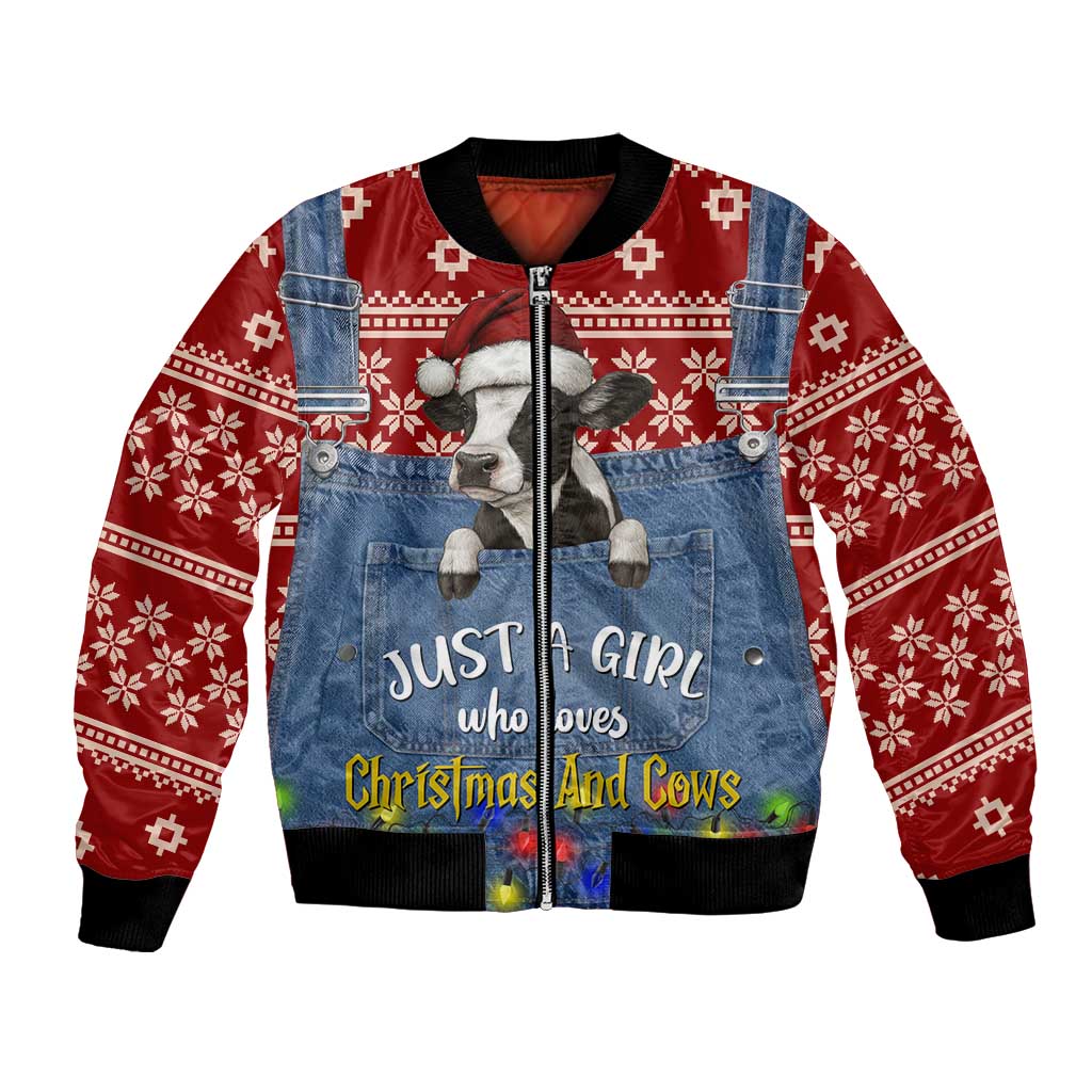 Just A Girl Who Loves Christmas And Cows Christmas Bomber Jacket Funny Xmas Holiday Patterns - Wonder Print Shop