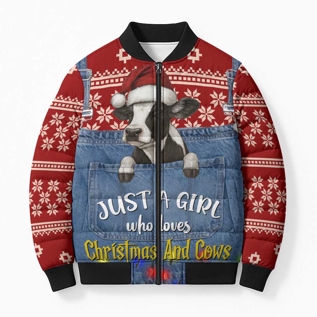 Just A Girl Who Loves Christmas And Cows Christmas Bomber Puffer Jacket Funny Xmas Holiday Patterns - Wonder Print Shop