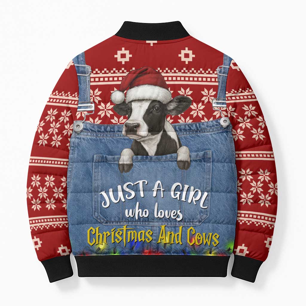 Just A Girl Who Loves Christmas And Cows Christmas Bomber Puffer Jacket Funny Xmas Holiday Patterns - Wonder Print Shop