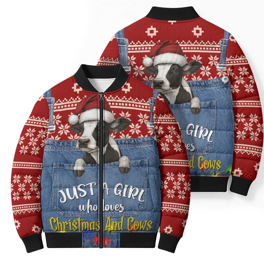 Just A Girl Who Loves Christmas And Cows Christmas Bomber Puffer Jacket Funny Xmas Holiday Patterns - Wonder Print Shop