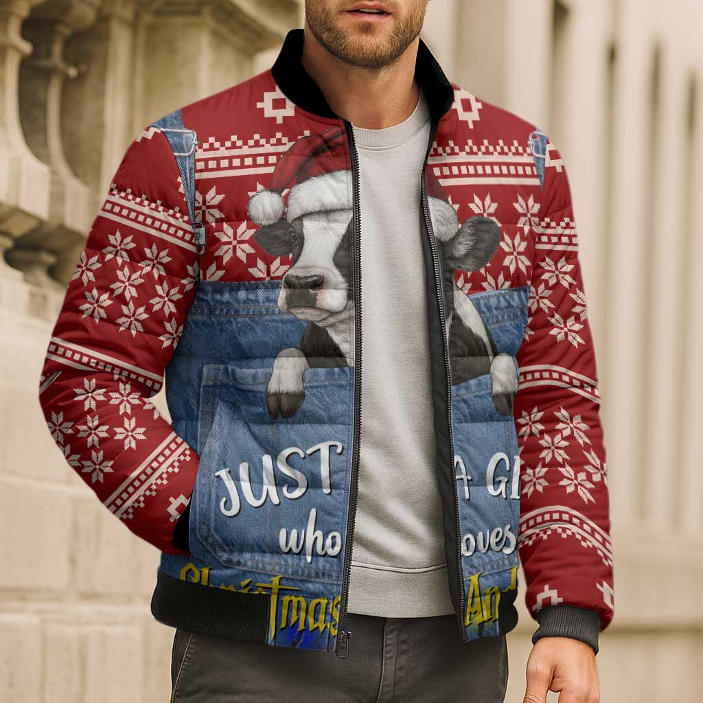 Just A Girl Who Loves Christmas And Cows Christmas Bomber Puffer Jacket Funny Xmas Holiday Patterns - Wonder Print Shop