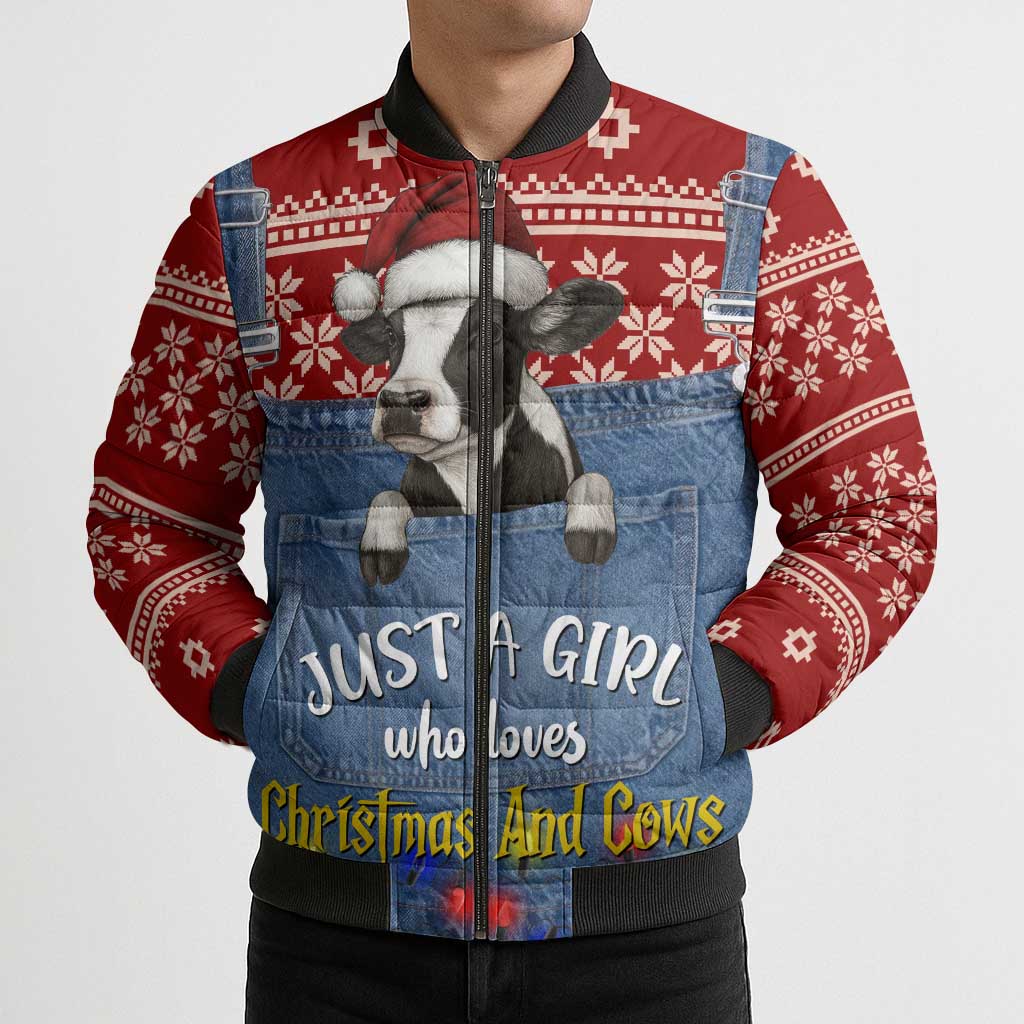 Just A Girl Who Loves Christmas And Cows Christmas Bomber Puffer Jacket Funny Xmas Holiday Patterns - Wonder Print Shop