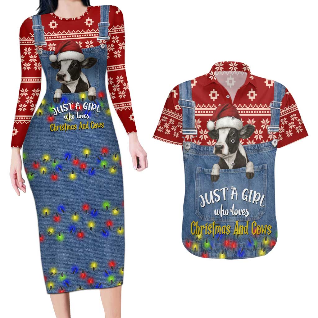 Just A Girl Who Loves Christmas And Cows Christmas Couples Matching Long Sleeve Bodycon Dress and Hawaiian Shirt Funny Xmas Holiday Patterns - Wonder Print Shop