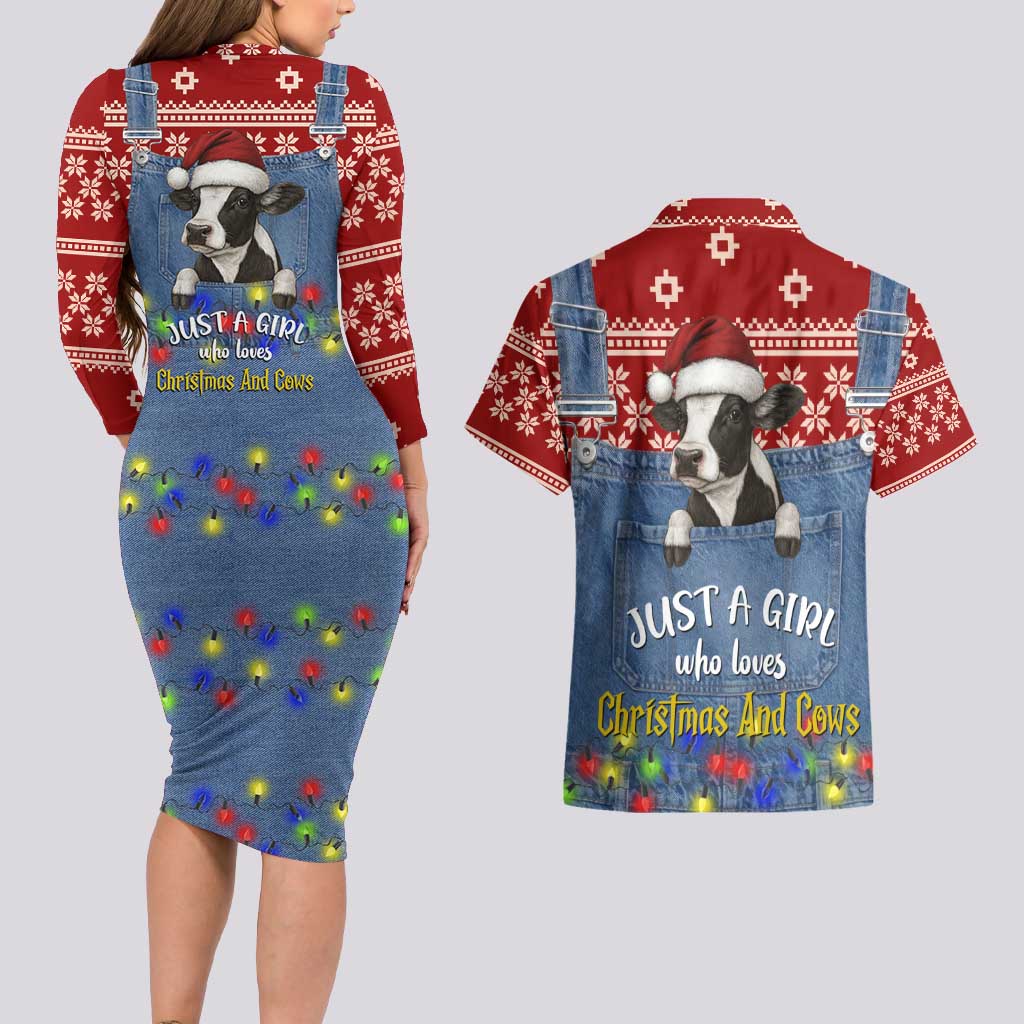 Just A Girl Who Loves Christmas And Cows Christmas Couples Matching Long Sleeve Bodycon Dress and Hawaiian Shirt Funny Xmas Holiday Patterns - Wonder Print Shop
