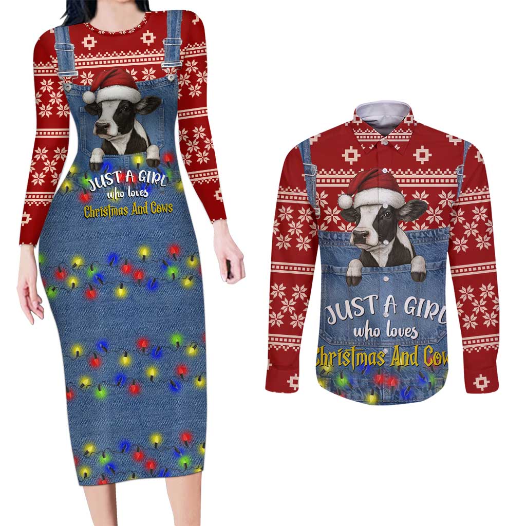 Just A Girl Who Loves Christmas And Cows Christmas Couples Matching Long Sleeve Bodycon Dress and Long Sleeve Button Shirt Funny Xmas Holiday Patterns - Wonder Print Shop