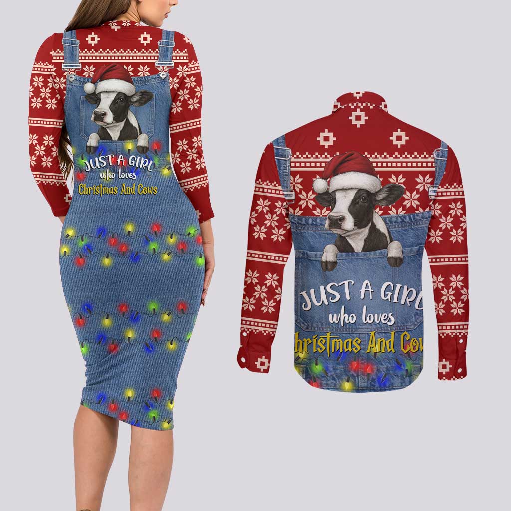 Just A Girl Who Loves Christmas And Cows Christmas Couples Matching Long Sleeve Bodycon Dress and Long Sleeve Button Shirt Funny Xmas Holiday Patterns - Wonder Print Shop