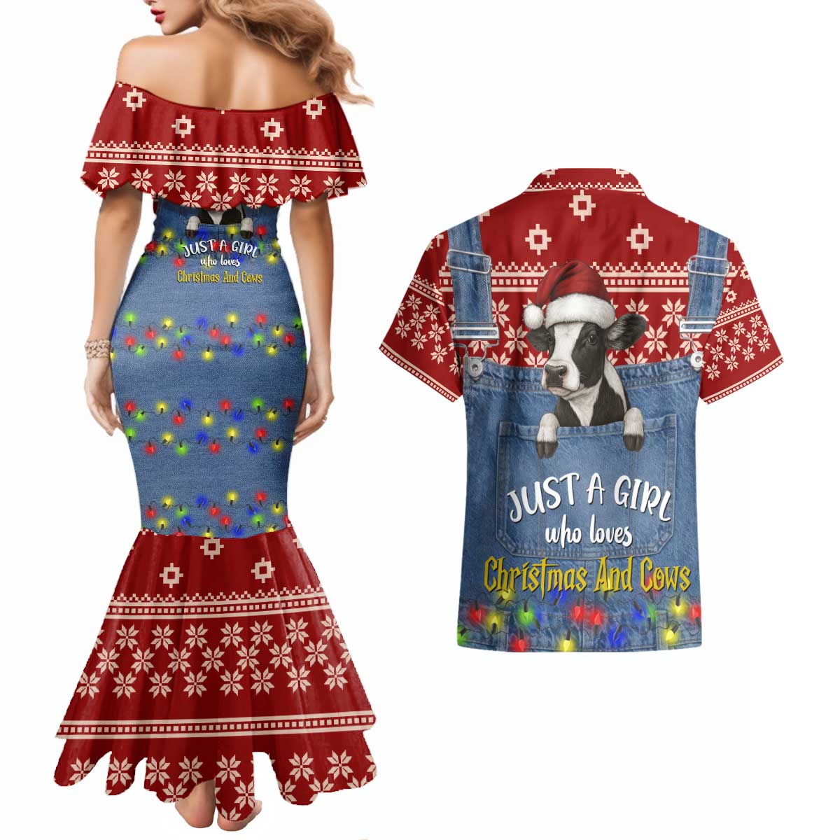 Just A Girl Who Loves Christmas And Cows Christmas Couples Matching Mermaid Dress and Hawaiian Shirt Funny Xmas Holiday Patterns - Wonder Print Shop