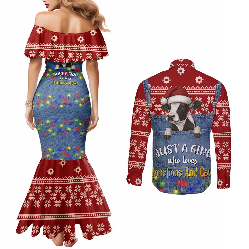 Just A Girl Who Loves Christmas And Cows Christmas Couples Matching Mermaid Dress and Long Sleeve Button Shirt Funny Xmas Holiday Patterns - Wonder Print Shop