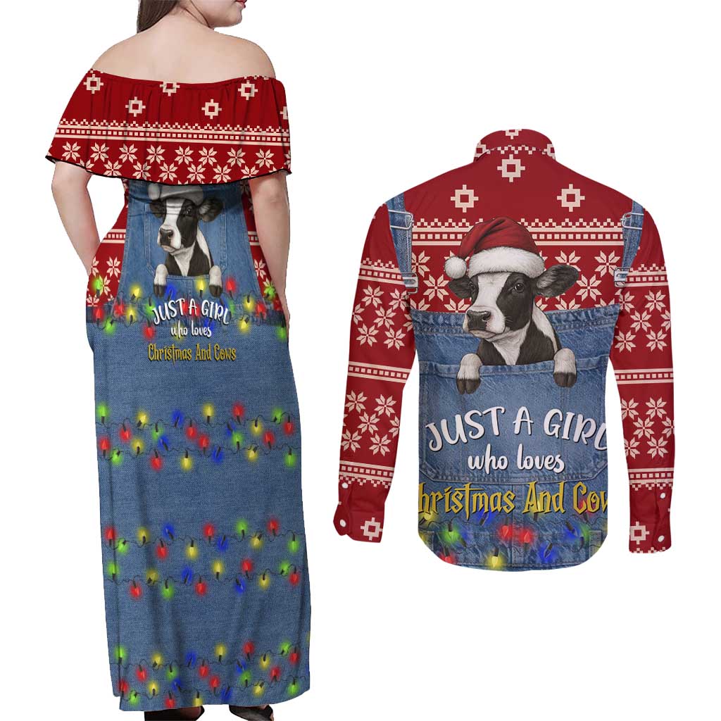 Just A Girl Who Loves Christmas And Cows Christmas Couples Matching Off Shoulder Maxi Dress and Long Sleeve Button Shirt Funny Xmas Holiday Patterns - Wonder Print Shop