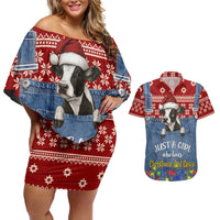 Just A Girl Who Loves Christmas And Cows Christmas Couples Matching Off Shoulder Short Dress and Hawaiian Shirt Funny Xmas Holiday Patterns - Wonder Print Shop