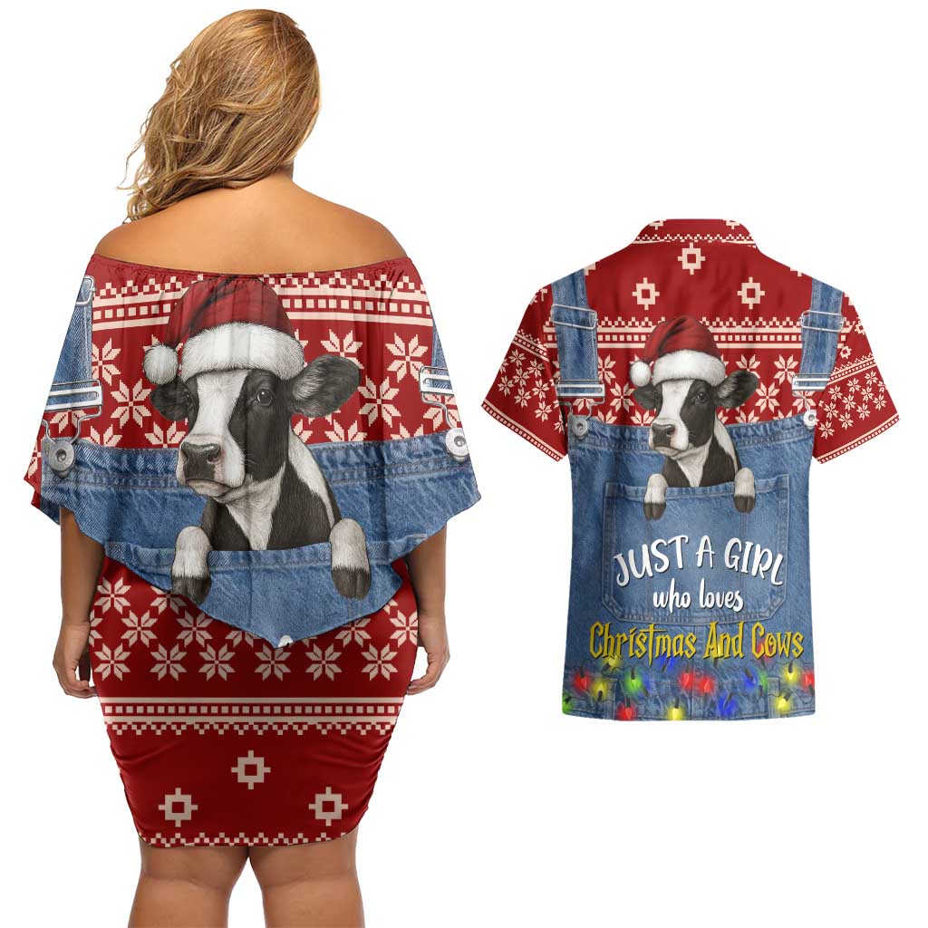 Just A Girl Who Loves Christmas And Cows Christmas Couples Matching Off Shoulder Short Dress and Hawaiian Shirt Funny Xmas Holiday Patterns - Wonder Print Shop