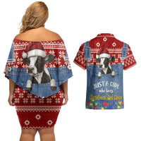 Just A Girl Who Loves Christmas And Cows Christmas Couples Matching Off Shoulder Short Dress and Hawaiian Shirt Funny Xmas Holiday Patterns - Wonder Print Shop