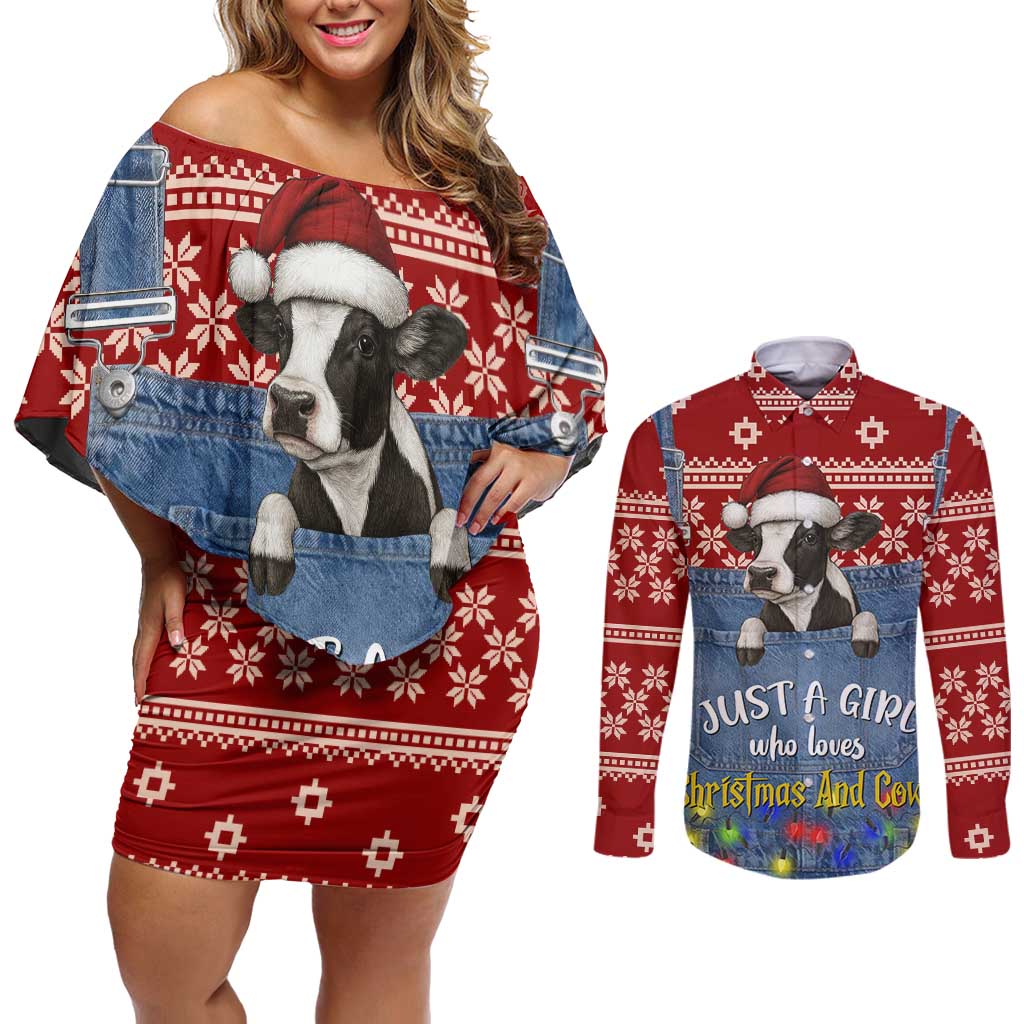 Just A Girl Who Loves Christmas And Cows Christmas Couples Matching Off Shoulder Short Dress and Long Sleeve Button Shirt Funny Xmas Holiday Patterns - Wonder Print Shop