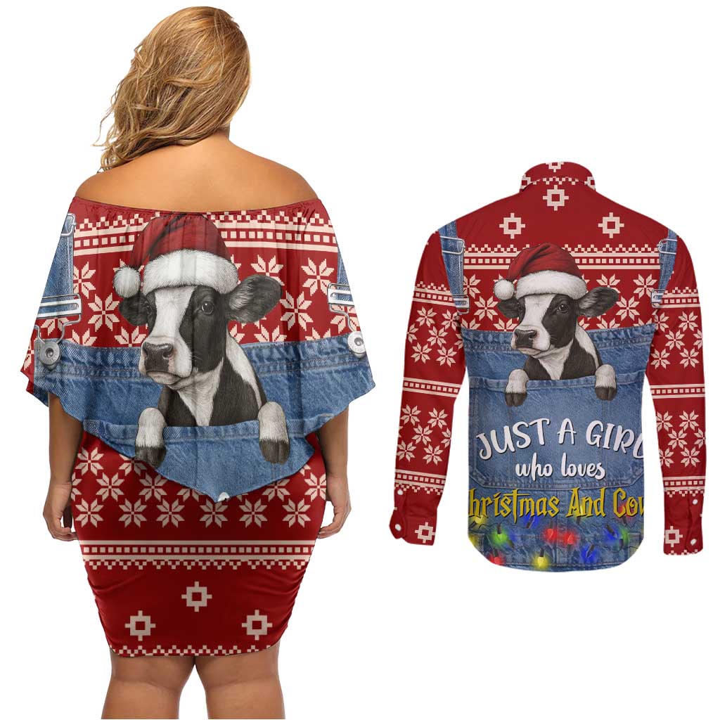 Just A Girl Who Loves Christmas And Cows Christmas Couples Matching Off Shoulder Short Dress and Long Sleeve Button Shirt Funny Xmas Holiday Patterns - Wonder Print Shop