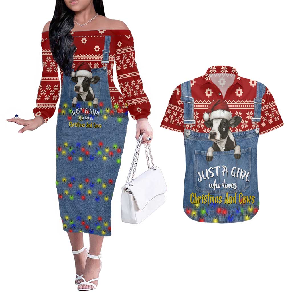 Just A Girl Who Loves Christmas And Cows Christmas Couples Matching Off The Shoulder Long Sleeve Dress and Hawaiian Shirt Funny Xmas Holiday Patterns - Wonder Print Shop