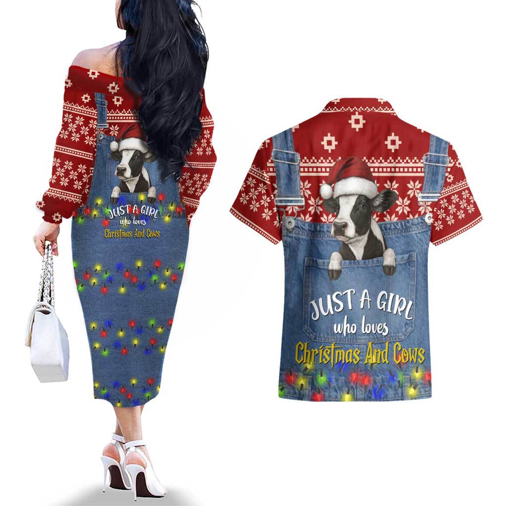 Just A Girl Who Loves Christmas And Cows Christmas Couples Matching Off The Shoulder Long Sleeve Dress and Hawaiian Shirt Funny Xmas Holiday Patterns - Wonder Print Shop