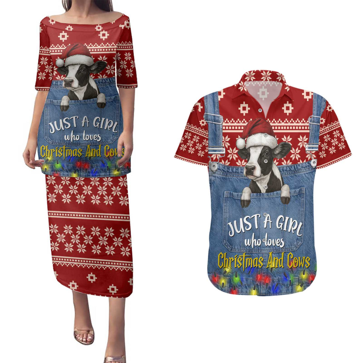 Just A Girl Who Loves Christmas And Cows Christmas Couples Matching Puletasi and Hawaiian Shirt Funny Xmas Holiday Patterns - Wonder Print Shop