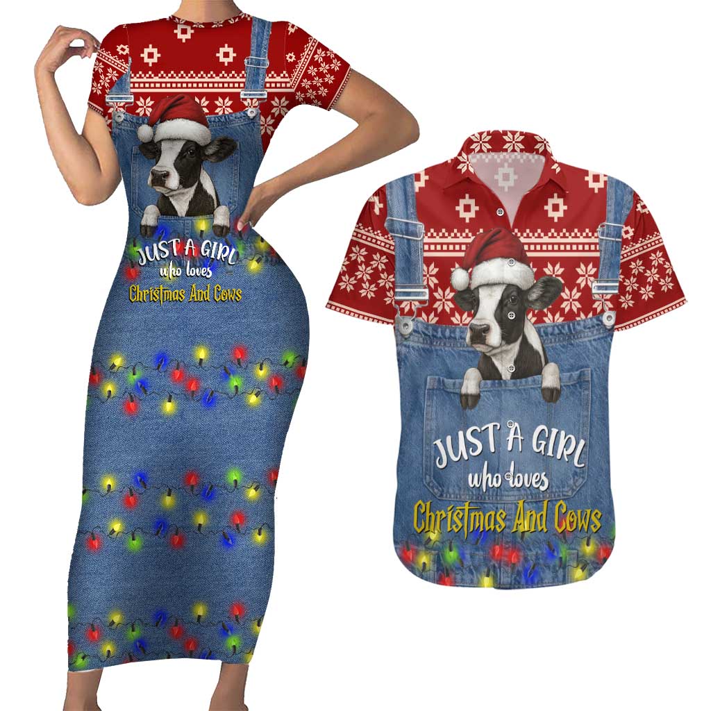 Just A Girl Who Loves Christmas And Cows Christmas Couples Matching Short Sleeve Bodycon Dress and Hawaiian Shirt Funny Xmas Holiday Patterns - Wonder Print Shop