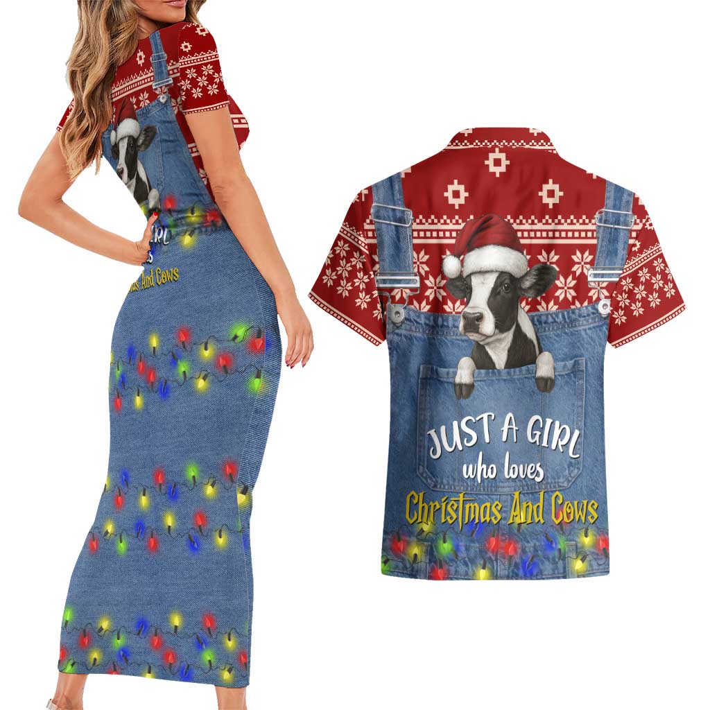 Just A Girl Who Loves Christmas And Cows Christmas Couples Matching Short Sleeve Bodycon Dress and Hawaiian Shirt Funny Xmas Holiday Patterns - Wonder Print Shop