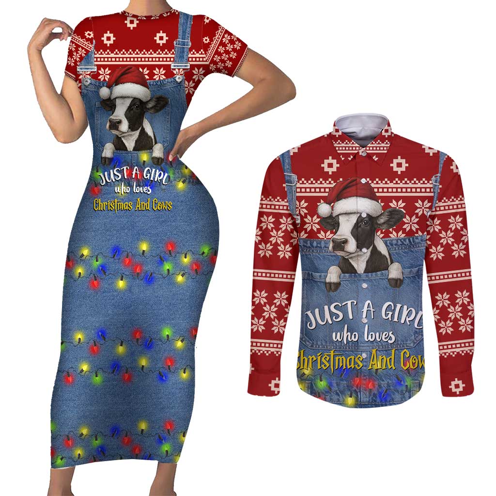 Just A Girl Who Loves Christmas And Cows Christmas Couples Matching Short Sleeve Bodycon Dress and Long Sleeve Button Shirt Funny Xmas Holiday Patterns - Wonder Print Shop