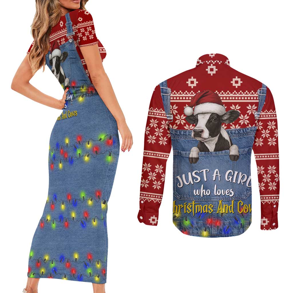 Just A Girl Who Loves Christmas And Cows Christmas Couples Matching Short Sleeve Bodycon Dress and Long Sleeve Button Shirt Funny Xmas Holiday Patterns - Wonder Print Shop