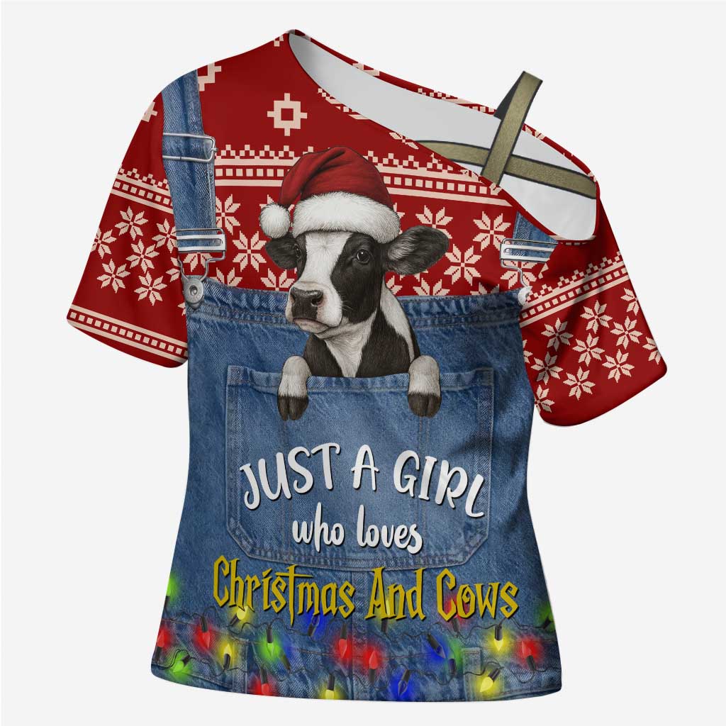Just A Girl Who Loves Christmas And Cows Christmas Cross Shoulder Shirt Funny Xmas Holiday Patterns - Wonder Print Shop