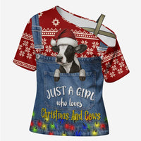 Just A Girl Who Loves Christmas And Cows Christmas Cross Shoulder Shirt Funny Xmas Holiday Patterns - Wonder Print Shop