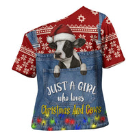 Just A Girl Who Loves Christmas And Cows Christmas Cross Shoulder Shirt Funny Xmas Holiday Patterns - Wonder Print Shop