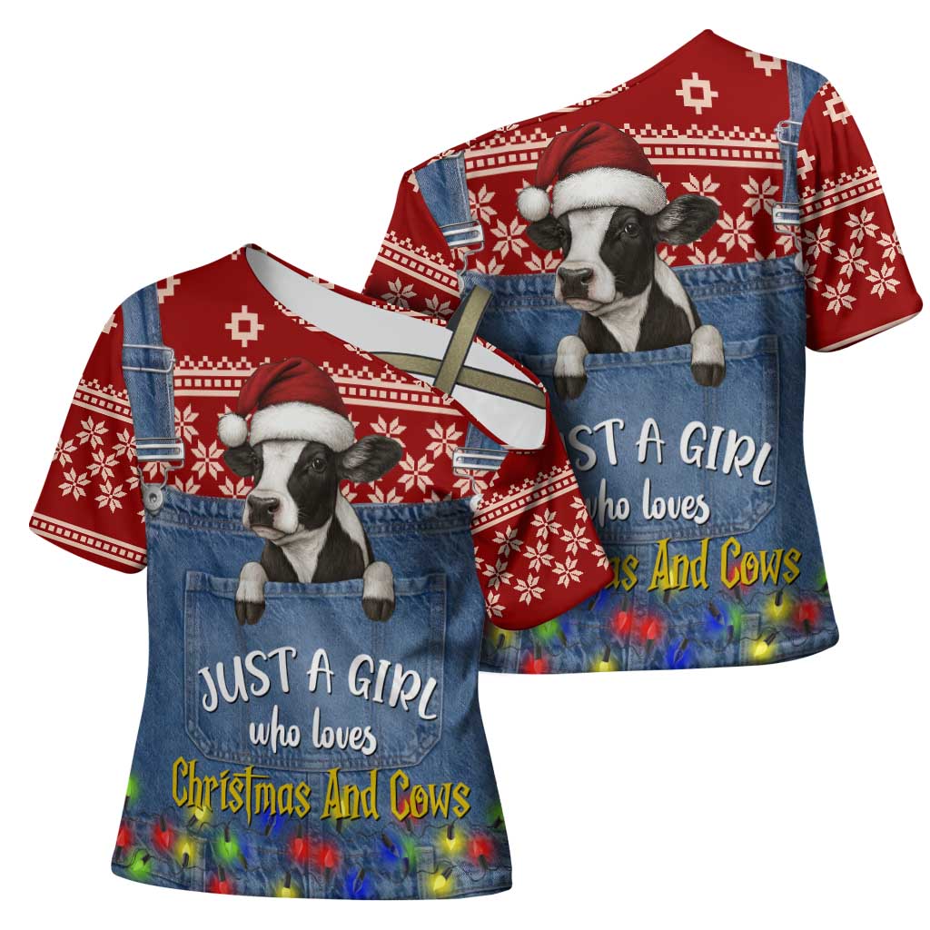 Just A Girl Who Loves Christmas And Cows Christmas Cross Shoulder Shirt Funny Xmas Holiday Patterns - Wonder Print Shop