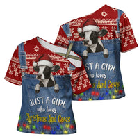 Just A Girl Who Loves Christmas And Cows Christmas Cross Shoulder Shirt Funny Xmas Holiday Patterns - Wonder Print Shop