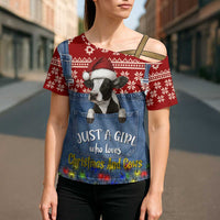 Just A Girl Who Loves Christmas And Cows Christmas Cross Shoulder Shirt Funny Xmas Holiday Patterns - Wonder Print Shop