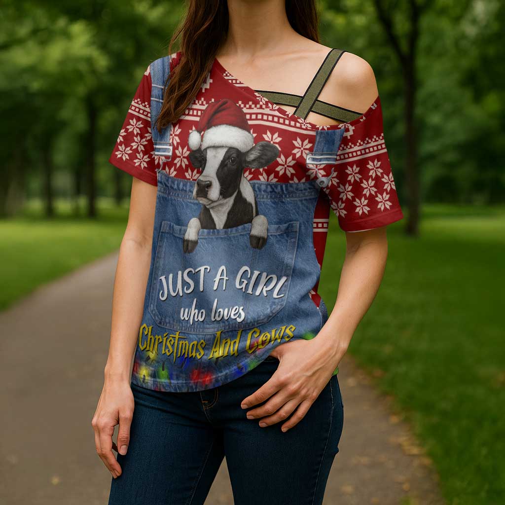 Just A Girl Who Loves Christmas And Cows Christmas Cross Shoulder Shirt Funny Xmas Holiday Patterns - Wonder Print Shop