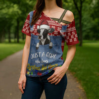 Just A Girl Who Loves Christmas And Cows Christmas Cross Shoulder Shirt Funny Xmas Holiday Patterns - Wonder Print Shop