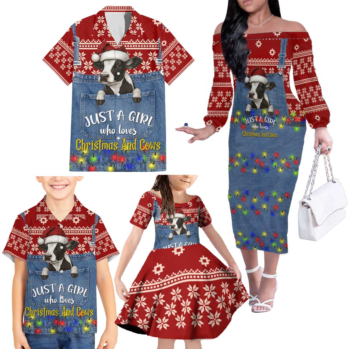 Just A Girl Who Loves Christmas And Cows Christmas Family Matching Off The Shoulder Long Sleeve Dress and Hawaiian Shirt Funny Xmas Holiday Patterns - Wonder Print Shop